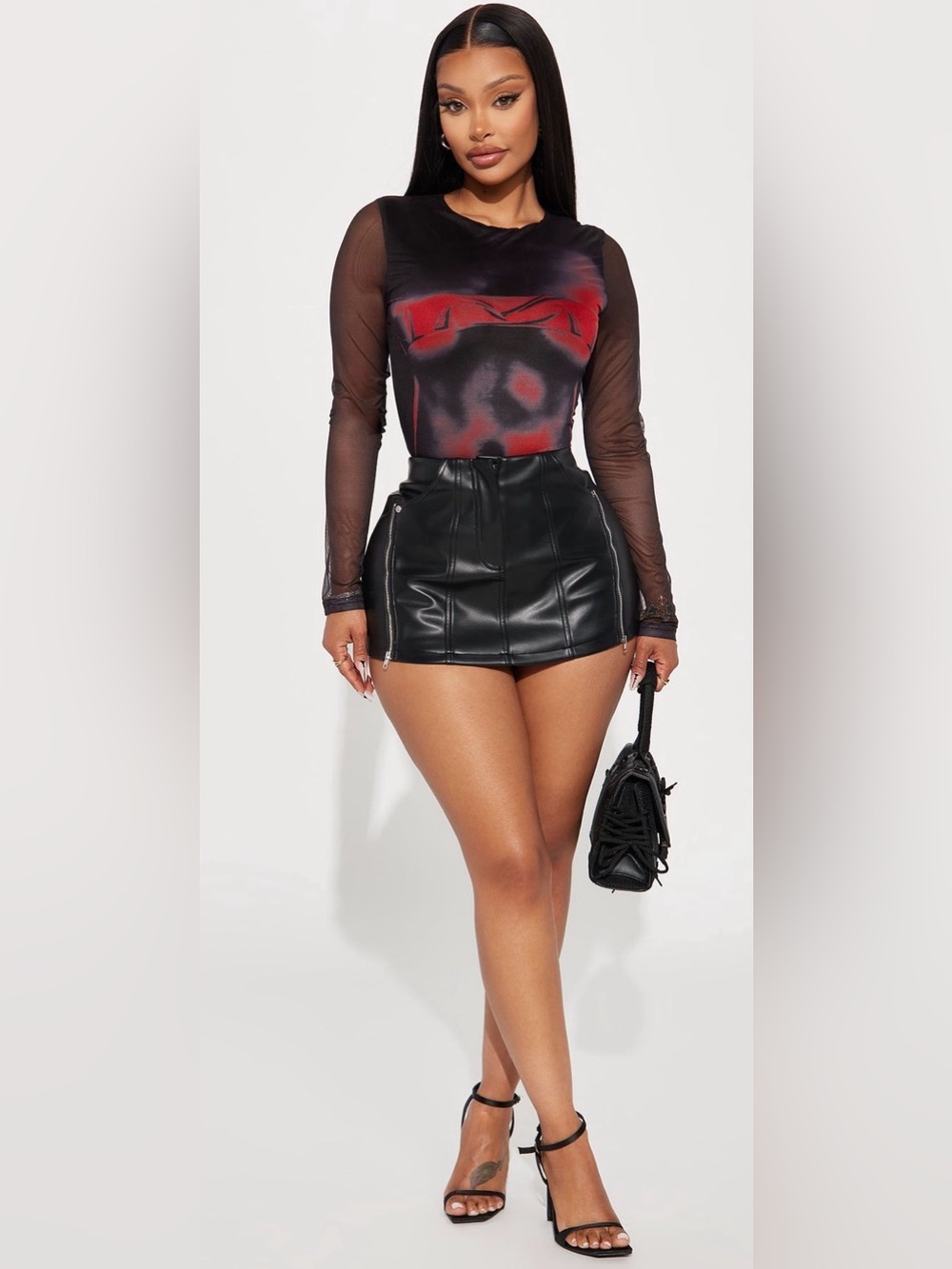 Fashion Nova Black Sheer Long-Sleeve Bodysuit with Red Graphic